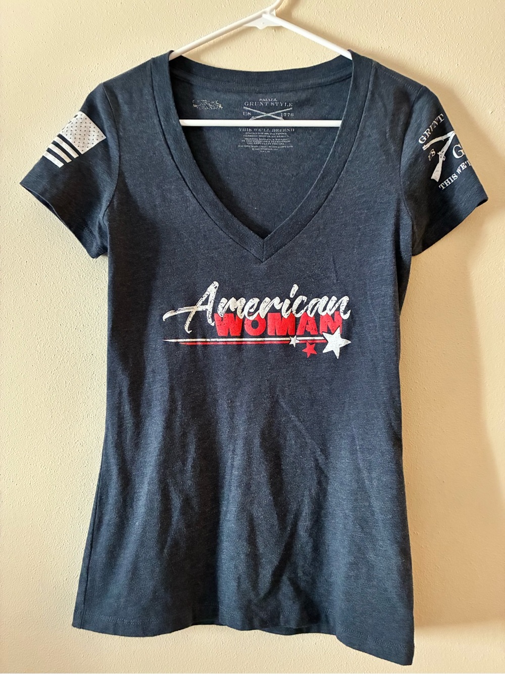 Grunt Style American Woman V-Neck Tee - Navy, Red, White